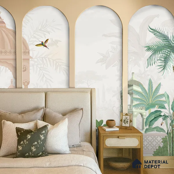 Quiet Courtyard Amber Rajput Leaf Fresco | WP 04177 Non Woven Matte Finish Indian Style Premium Customized size Wallpaper | 150 GSM WP01MTF Paper | (MOQ = 30 Sq. Ft.) | Design change not possible