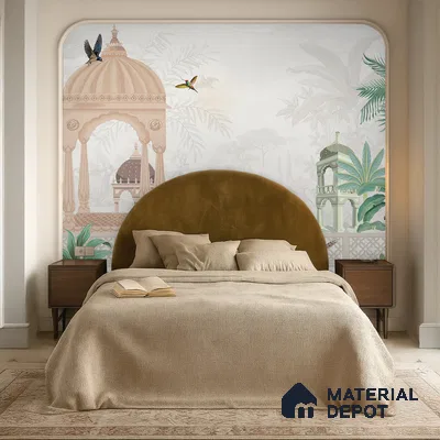Quiet Courtyard Amber Rajput Leaf Fresco | WP 04177 Non Woven Matte Finish Indian Style Premium Customized size Wallpaper | 150 GSM WP01MTF Paper | (MOQ = 30 Sq. Ft.) | Design change not possible