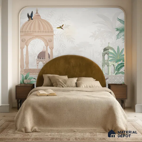 Quiet Courtyard Amber Rajput Leaf Fresco | WP 04177 Non Woven Matte Finish Indian Style Premium Customized size Wallpaper | 150 GSM WP01MTF Paper | (MOQ = 30 Sq. Ft.) | Design change not possible