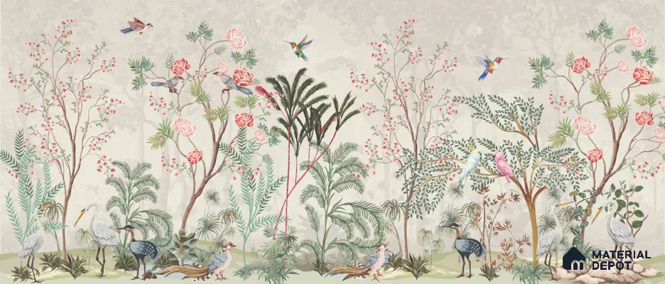 Warm Stone Birdlife Estate Mural Artistic Charm Designer | WP 03936 Non Woven Matte Finish Chinoiserie Style Premium Customized size Wallpaper | 150 GSM WP01MTF Paper | (MOQ = 30 Sq. Ft.)