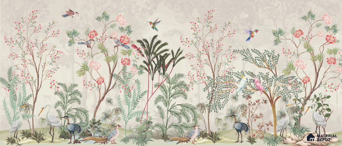Warm Stone Birdlife Estate Mural Artistic Charm Designer | WP 03936 Non Woven Matte Finish Chinoiserie Style Premium Customized size Wallpaper | 150 GSM WP01MTF Paper | (MOQ = 30 Sq. Ft.)