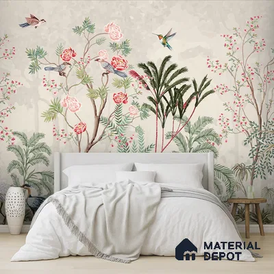 Warm Stone Birdlife Estate Mural Artistic Charm Designer | WP 03936 B Canvas Texture Finish Chinoiserie Style luxurious Customized size Wallpaper | 250 GSM WP01CNF Paper | (MOQ = 30 Sq. Ft.)
