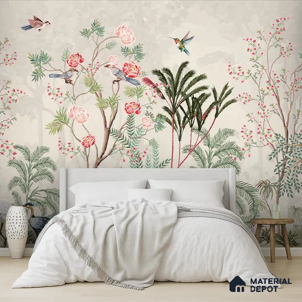 Warm Stone Birdlife Estate Mural Artistic Charm Designer | WP 03936 B Canvas Texture Finish Chinoiserie Style luxurious Customized size Wallpaper | 250 GSM WP01CNF Paper | (MOQ = 30 Sq. Ft.)