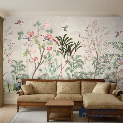 Warm Stone Birdlife Estate Mural Artistic Charm Designer | WP 03936 B Canvas Texture Finish Chinoiserie Style luxurious Customized size Wallpaper | 250 GSM WP01CNF Paper | (MOQ = 30 Sq. Ft.)