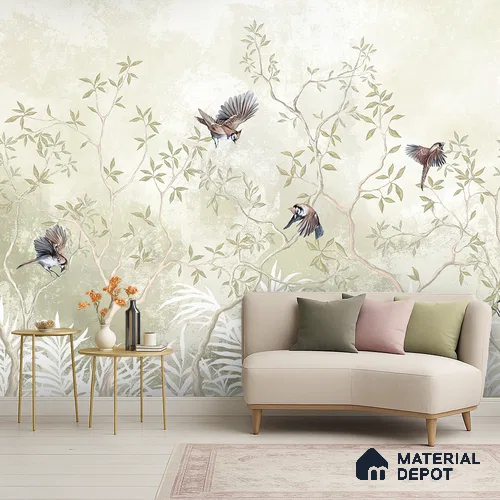 Natural Wood-Toned Branches Where the Birds Rest Blush Pink Rose Cluster | WP 04120 B Non Woven Matte Finish Tropical Style Premium Customized size Wallpaper | 150 GSM WP01MTF Paper | (MOQ = 30 Sq. Ft.) | Design change not possible