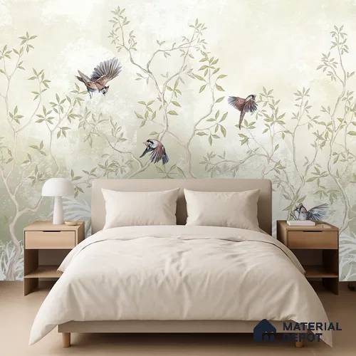 Natural Wood-Toned Branches Where the Birds Rest Blush Pink Rose Cluster | WP 04120 B Non Woven Matte Finish Tropical Style Premium Customized size Wallpaper | 150 GSM WP01MTF Paper | (MOQ = 30 Sq. Ft.) | Design change not possible