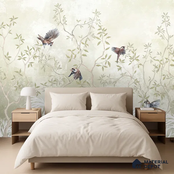 Natural Wood-Toned Branches Where the Birds Rest Blush Pink Rose Cluster | WP 04120 B Non Woven Matte Finish Tropical Style Premium Customized size Wallpaper | 150 GSM WP01MTF Paper | (MOQ = 30 Sq. Ft.) | Design change not possible