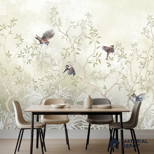 Natural Wood-Toned Branches Where the Birds Rest Blush Pink Rose Cluster | WP 04120 Canvas Texture Finish Tropical Style luxurious Customized size Wallpaper | 250 GSM WP01CNF Paper | (MOQ = 30 Sq. Ft.) | Design change not possible