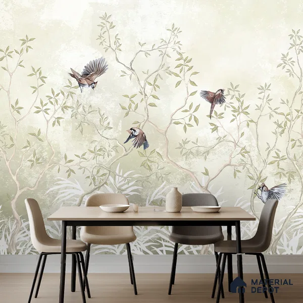 Natural Wood-Toned Branches Where the Birds Rest Blush Pink Rose Cluster | WP 04120 B Non Woven Matte Finish Tropical Style Premium Customized size Wallpaper | 150 GSM WP01MTF Paper | (MOQ = 30 Sq. Ft.) | Design change not possible
