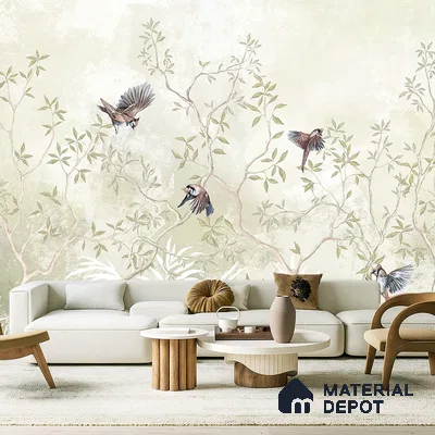 Natural Wood-Toned Branches Where the Birds Rest Blush Pink Rose Cluster | WP 04120 B Non Woven Matte Finish Tropical Style Premium Customized size Wallpaper | 150 GSM WP01MTF Paper | (MOQ = 30 Sq. Ft.) | Design change not possible
