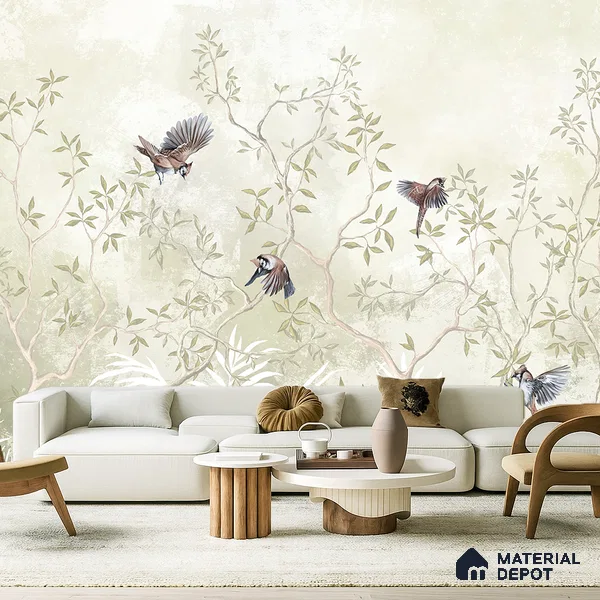 Natural Wood-Toned Branches Where the Birds Rest Blush Pink Rose Cluster | WP 04120 B Non Woven Matte Finish Tropical Style Premium Customized size Wallpaper | 150 GSM WP01MTF Paper | (MOQ = 30 Sq. Ft.) | Design change not possible