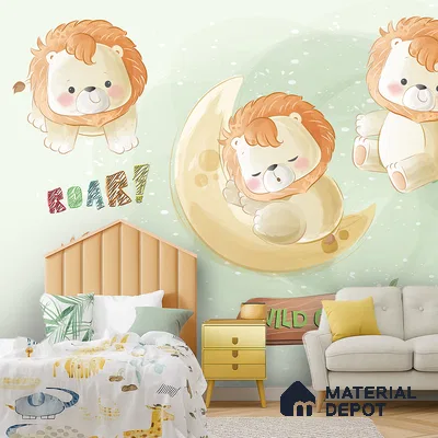 Tiny King of Soft Skies Cartoon Lion Under Night Sky | WP 04048 B Non Woven Matte Finish Animal Print Style Premium Customized size Wallpaper | 150 GSM WP01MTF Paper | (MOQ = 30 Sq. Ft.)