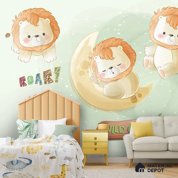 Tiny King of Soft Skies Cartoon Lion Under Night Sky | WP 04048 B Non Woven Matte Finish Animal Print Style Premium Customized size Wallpaper | 150 GSM WP01MTF Paper | (MOQ = 30 Sq. Ft.)