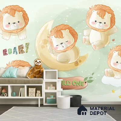 Tiny King of Soft Skies Cartoon Lion Under Night Sky | WP 04048 B Non Woven Matte Finish Animal Print Style Premium Customized size Wallpaper | 150 GSM WP01MTF Paper | (MOQ = 30 Sq. Ft.)
