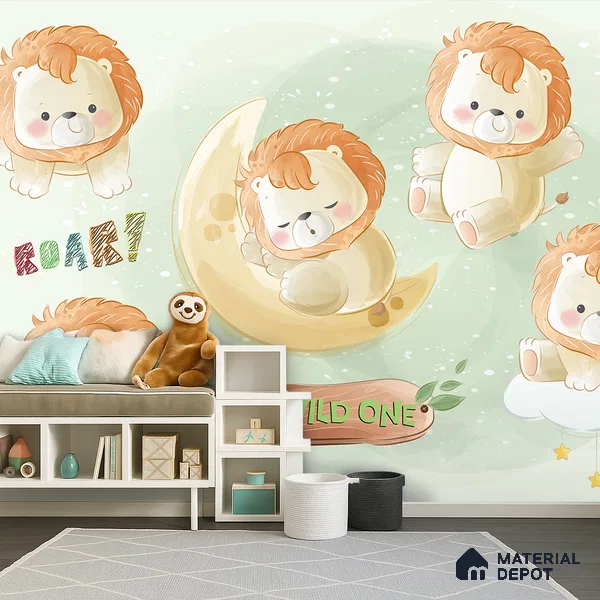 Tiny King of Soft Skies Cartoon Lion Under Night Sky | WP 04048 B Non Woven Matte Finish Animal Print Style Premium Customized size Wallpaper | 150 GSM WP01MTF Paper | (MOQ = 30 Sq. Ft.)