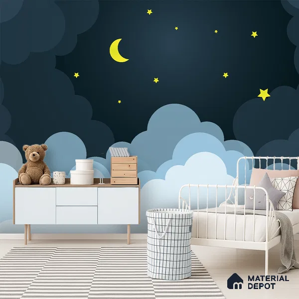 Midnight Calmscape Cartoon Moon And Clouds | WP 04071 B Non Woven Matte Finish Space Style Premium Customized size Wallpaper | 150 GSM WP01MTF Paper | (MOQ = 30 Sq. Ft.)