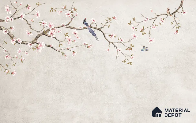 Soft Pearl Blossom Branch Elegance Chinoserie Mural Art | WP 03940 B Canvas Texture Finish Chinoiserie Style luxurious Customized size Wallpaper | 250 GSM WP01CNF Paper | (MOQ = 30 Sq. Ft.) | Design change not possible