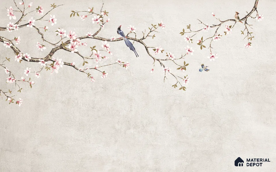 Soft Pearl Blossom Branch Elegance Chinoserie Mural Art | WP 03940 B Canvas Texture Finish Chinoiserie Style luxurious Customized size Wallpaper | 250 GSM WP01CNF Paper | (MOQ = 30 Sq. Ft.) | Design change not possible