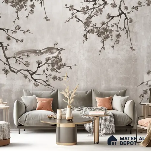 Ink Blossom Bird Reverie Chinoserie Mural Art | WP 03954 B Canvas Texture Finish Chinoiserie Style luxurious Customized size Wallpaper | 250 GSM WP01CNF Paper | (MOQ = 30 Sq. Ft.) | Design change not possible