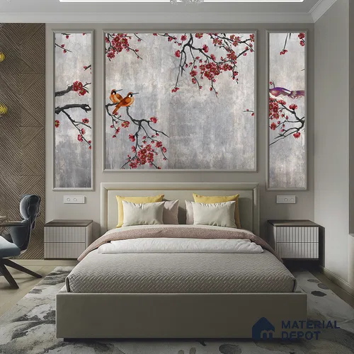 Steel Grey Crimson Blossom Branches Chinoserie Mural Art | WP 03943 B Canvas Texture Finish Chinoiserie Style luxurious Customized size Wallpaper | 250 GSM WP01CNF Paper | (MOQ = 30 Sq. Ft.) | Design change not possible