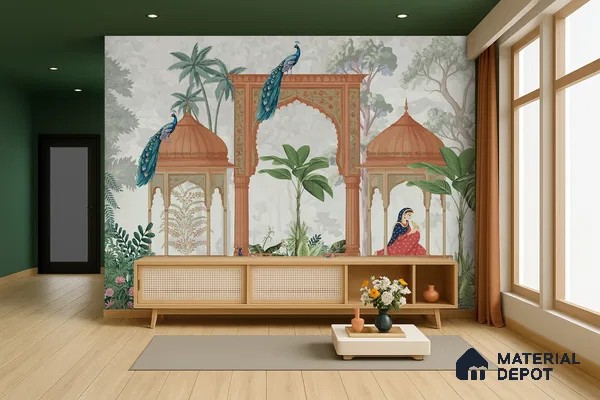 Rajmahal Garden Elegant Haveli Motif | WP 04169 Non Woven Matte Finish Indian Style Premium Customized size Wallpaper | 150 GSM WP01MTF Paper | (MOQ = 30 Sq. Ft.)