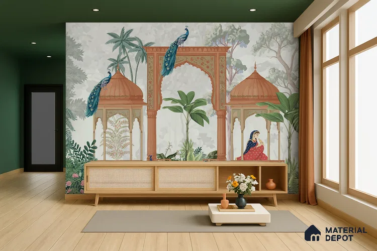 Rajmahal Garden Elegant Haveli Motif | WP 04169 Non Woven Matte Finish Indian Style Premium Customized size Wallpaper | 150 GSM WP01MTF Paper | (MOQ = 30 Sq. Ft.)