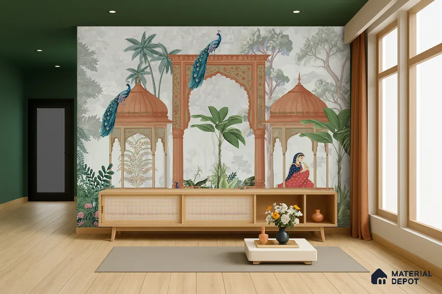 Rajmahal Garden Elegant Haveli Motif | WP 04169 Non Woven Matte Finish Indian Style Premium Customized size Wallpaper | 150 GSM WP01MTF Paper | (MOQ = 30 Sq. Ft.)