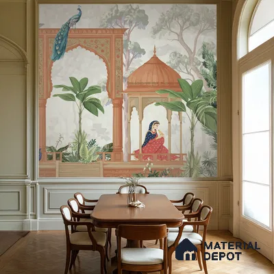 Rajmahal Garden Elegant Haveli Motif | WP 04169 Non Woven Matte Finish Indian Style Premium Customized size Wallpaper | 150 GSM WP01MTF Paper | (MOQ = 30 Sq. Ft.)