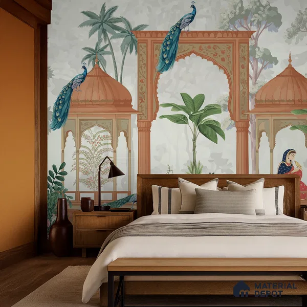 Rajmahal Garden Elegant Haveli Motif | WP 04169 Non Woven Matte Finish Indian Style Premium Customized size Wallpaper | 150 GSM WP01MTF Paper | (MOQ = 30 Sq. Ft.)