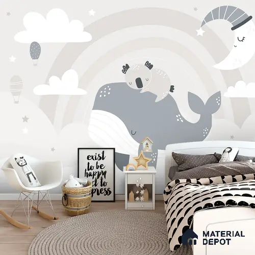 Dreaming Above the Quiet Sea Koala Sleeping On Whale Under Moon | WP 04054 B Non Woven Matte Finish Animal Print Style Premium Customized size Wallpaper | 150 GSM WP01MTF Paper | (MOQ = 30 Sq. Ft.)