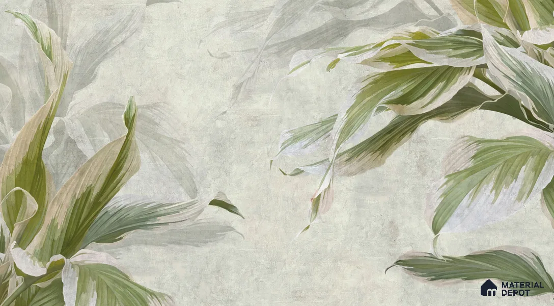 Soft Botanical Brushstroke Leaves Leafy Hues Wall Art | WP 03963 B Canvas Texture Finish Tropical Style luxurious Customized size Wallpaper | 250 GSM WP01CNF Paper | (MOQ = 30 Sq. Ft.) | Design change not possible
