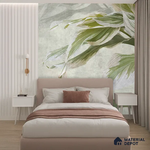 Soft Botanical Brushstroke Leaves Leafy Hues Wall Art | WP 03963 B Canvas Texture Finish Tropical Style luxurious Customized size Wallpaper | 250 GSM WP01CNF Paper | (MOQ = 30 Sq. Ft.) | Design change not possible