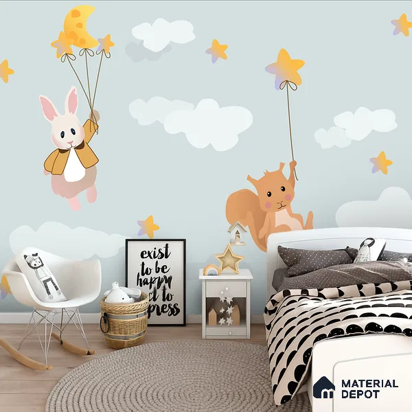 Floating Under a Gentle Moon Nighttime Animal Scene With Stars | WP 04040 Canvas Texture Finish Animal Print Style luxurious Customized size Wallpaper | 250 GSM WP01CNF Paper | (MOQ = 30 Sq. Ft.)
