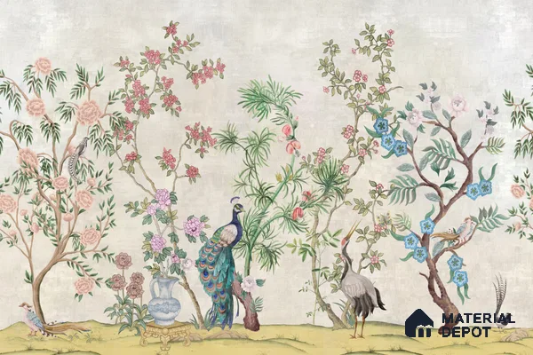 Antique Ivory Imperial Garden Court Orient Bloom Chinoserie Pattern | WP 03941 Non Woven Matte Finish Chinoiserie Style Premium Customized size Wallpaper | 150 GSM WP01MTF Paper | (MOQ = 30 Sq. Ft.) | Design change not possible