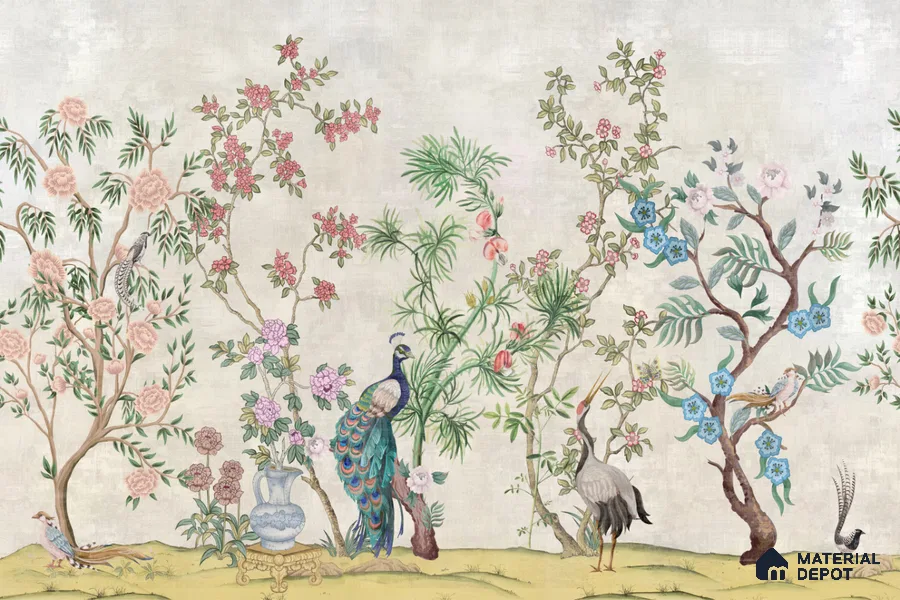 Antique Ivory Imperial Garden Court Orient Bloom Chinoserie Pattern | WP 03941 Non Woven Matte Finish Chinoiserie Style Premium Customized size Wallpaper | 150 GSM WP01MTF Paper | (MOQ = 30 Sq. Ft.) | Design change not possible