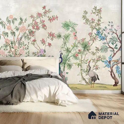 Antique Ivory Imperial Garden Court Orient Bloom Chinoserie Pattern | WP 03941 Non Woven Matte Finish Chinoiserie Style Premium Customized size Wallpaper | 150 GSM WP01MTF Paper | (MOQ = 30 Sq. Ft.) | Design change not possible