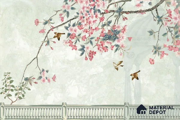 Pale Jade Cherry Blossom Mural Ornate Birds Chinoserie Classic | WP 03938 B Canvas Texture Finish Chinoiserie Style luxurious Customized size Wallpaper | 250 GSM WP01CNF Paper | (MOQ = 30 Sq. Ft.) | Design change not possible