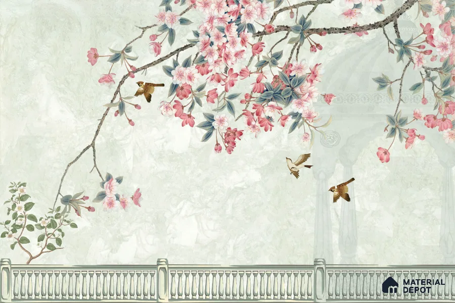 Pale Jade Cherry Blossom Mural Ornate Birds Chinoserie Classic | WP 03938 B Canvas Texture Finish Chinoiserie Style luxurious Customized size Wallpaper | 250 GSM WP01CNF Paper | (MOQ = 30 Sq. Ft.) | Design change not possible