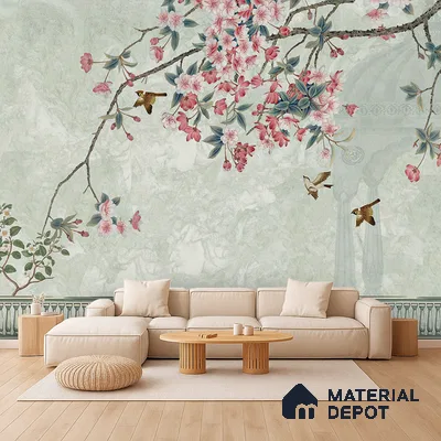 Pale Jade Cherry Blossom Mural Ornate Birds Chinoserie Classic | WP 03938 Non Woven Matte Finish Chinoiserie Style Premium Customized size Wallpaper | 150 GSM WP01MTF Paper | (MOQ = 30 Sq. Ft.) | Design change not possible