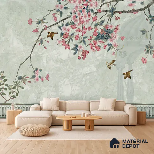 Pale Jade Cherry Blossom Mural Ornate Birds Chinoserie Classic | WP 03938 B Canvas Texture Finish Chinoiserie Style luxurious Customized size Wallpaper | 250 GSM WP01CNF Paper | (MOQ = 30 Sq. Ft.) | Design change not possible