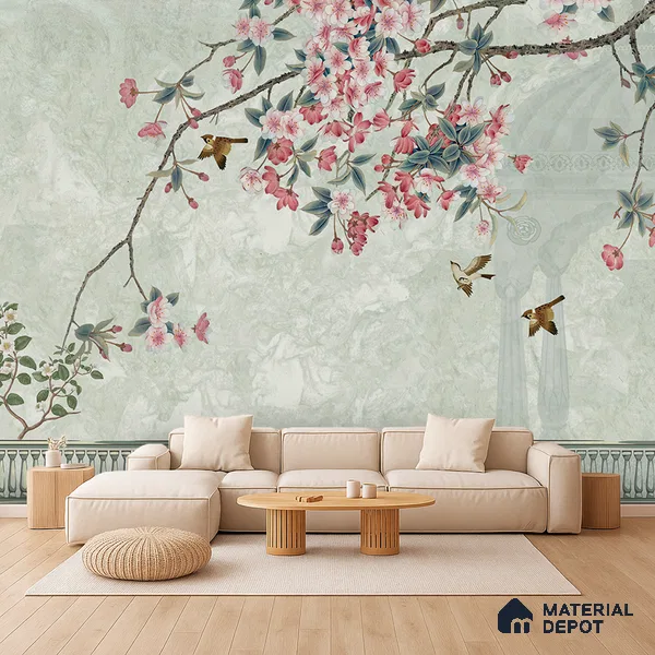 Pale Jade Cherry Blossom Mural Ornate Birds Chinoserie Classic | WP 03938 Non Woven Matte Finish Chinoiserie Style Premium Customized size Wallpaper | 150 GSM WP01MTF Paper | (MOQ = 30 Sq. Ft.) | Design change not possible