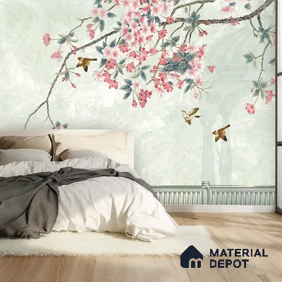 Pale Jade Cherry Blossom Mural Ornate Birds Chinoserie Classic | WP 03938 Non Woven Matte Finish Chinoiserie Style Premium Customized size Wallpaper | 150 GSM WP01MTF Paper | (MOQ = 30 Sq. Ft.) | Design change not possible