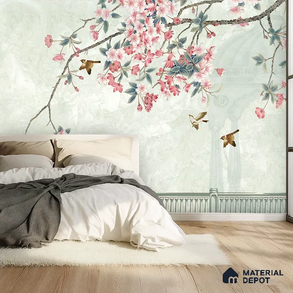 Pale Jade Cherry Blossom Mural Ornate Birds Chinoserie Classic | WP 03938 Non Woven Matte Finish Chinoiserie Style Premium Customized size Wallpaper | 150 GSM WP01MTF Paper | (MOQ = 30 Sq. Ft.) | Design change not possible