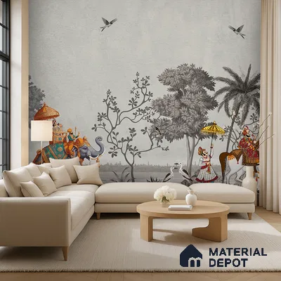 Shahi Yatra Patola Inspired Saffron Art | WP 04173 B Canvas Texture Finish Indian Style luxurious Customized size Wallpaper | 250 GSM WP01CNF Paper | (MOQ = 30 Sq. Ft.) | Design change not possible