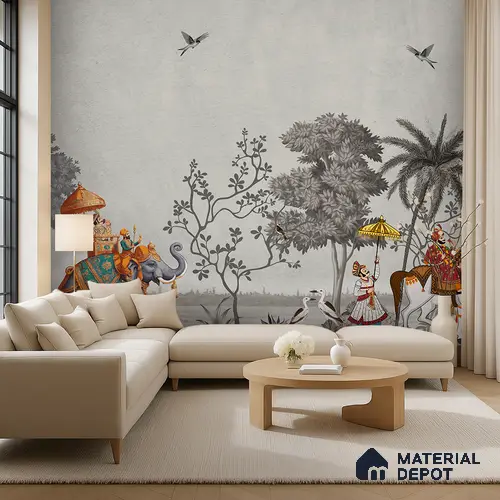 Shahi Yatra Patola Inspired Saffron Art | WP 04173 B Canvas Texture Finish Indian Style luxurious Customized size Wallpaper | 250 GSM WP01CNF Paper | (MOQ = 30 Sq. Ft.) | Design change not possible
