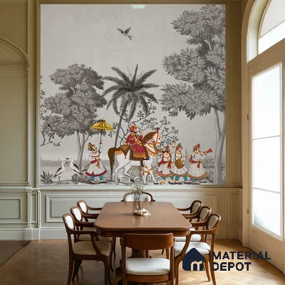 Shahi Yatra Patola Inspired Saffron Art | WP 04173 B Canvas Texture Finish Indian Style luxurious Customized size Wallpaper | 250 GSM WP01CNF Paper | (MOQ = 30 Sq. Ft.) | Design change not possible