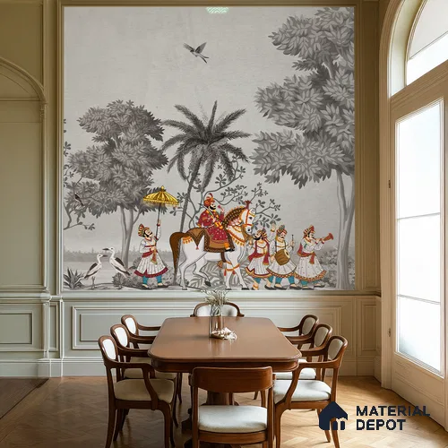 Shahi Yatra Patola Inspired Saffron Art | WP 04173 B Canvas Texture Finish Indian Style luxurious Customized size Wallpaper | 250 GSM WP01CNF Paper | (MOQ = 30 Sq. Ft.) | Design change not possible