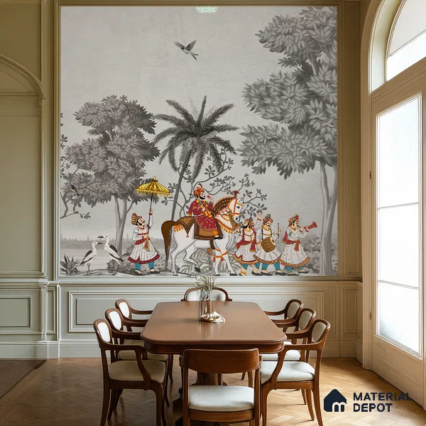 Shahi Yatra Patola Inspired Saffron Art | WP 04173 B Canvas Texture Finish Indian Style luxurious Customized size Wallpaper | 250 GSM WP01CNF Paper | (MOQ = 30 Sq. Ft.) | Design change not possible
