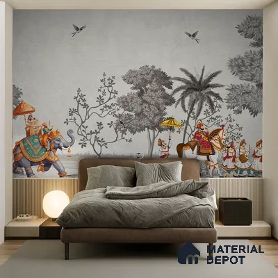 Shahi Yatra Patola Inspired Saffron Art | WP 04173 B Canvas Texture Finish Indian Style luxurious Customized size Wallpaper | 250 GSM WP01CNF Paper | (MOQ = 30 Sq. Ft.) | Design change not possible