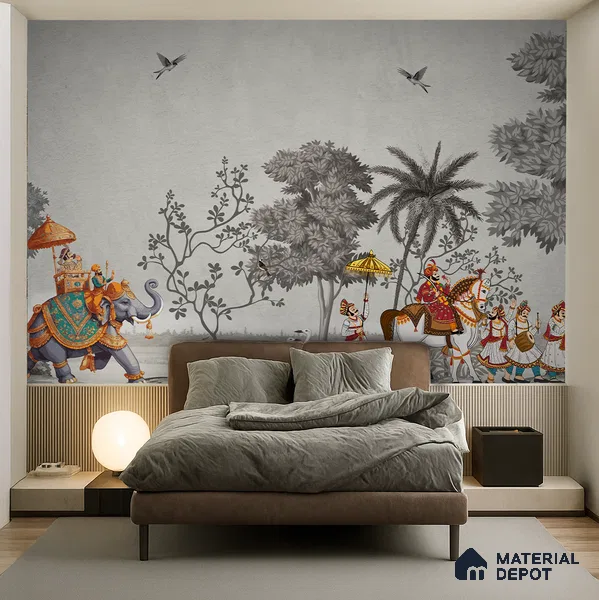 Shahi Yatra Patola Inspired Saffron Art | WP 04173 B Canvas Texture Finish Indian Style luxurious Customized size Wallpaper | 250 GSM WP01CNF Paper | (MOQ = 30 Sq. Ft.) | Design change not possible